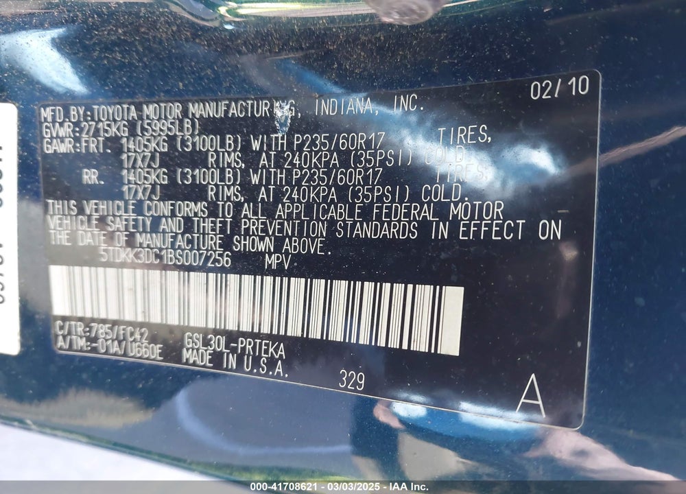 2011 TOYOTA SIENNA LE V6 VIN: 5TDKK3DC1BS007256