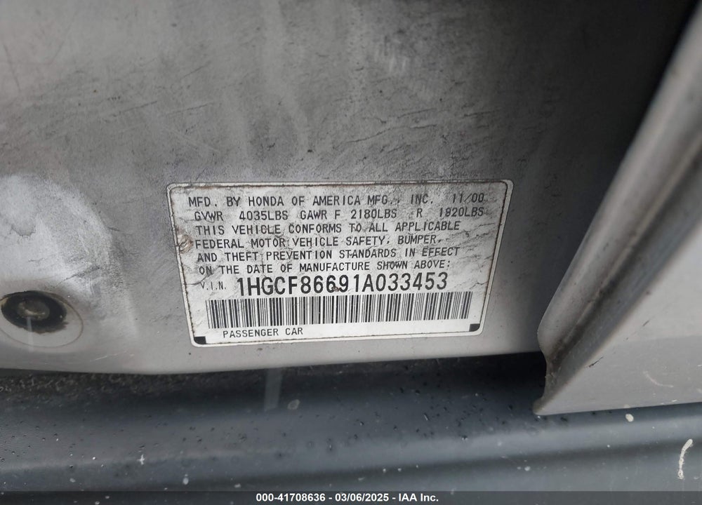 2001 HONDA ACCORD VALUE PACKAGE VIN: 1HGCF86691A033453