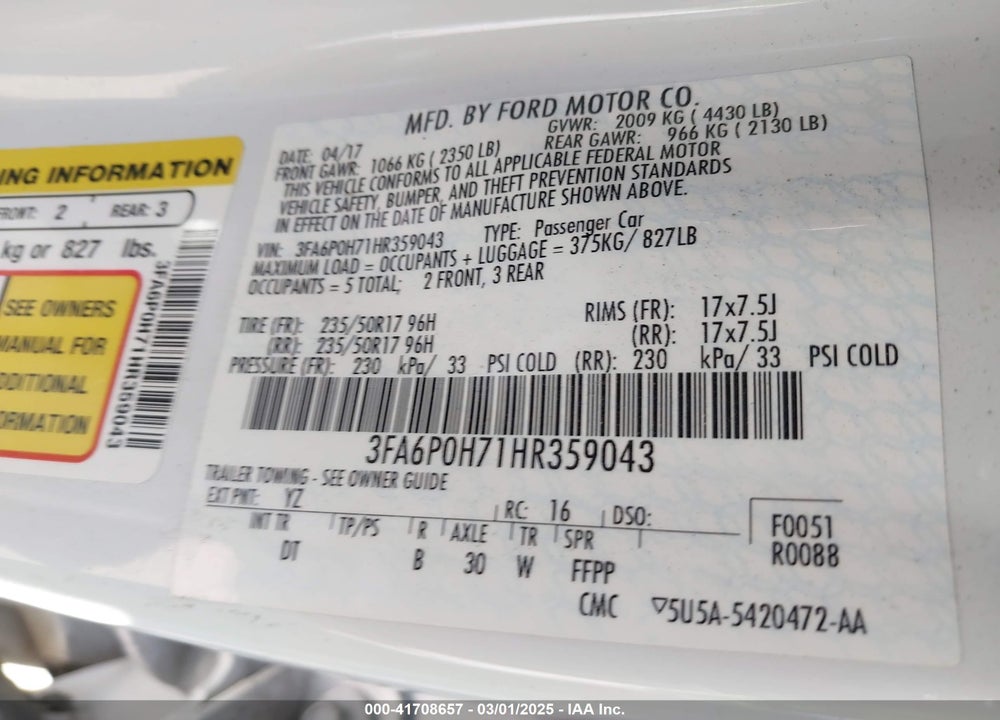 2017 FORD FUSION VIN: 3FA6P0H71HR359043