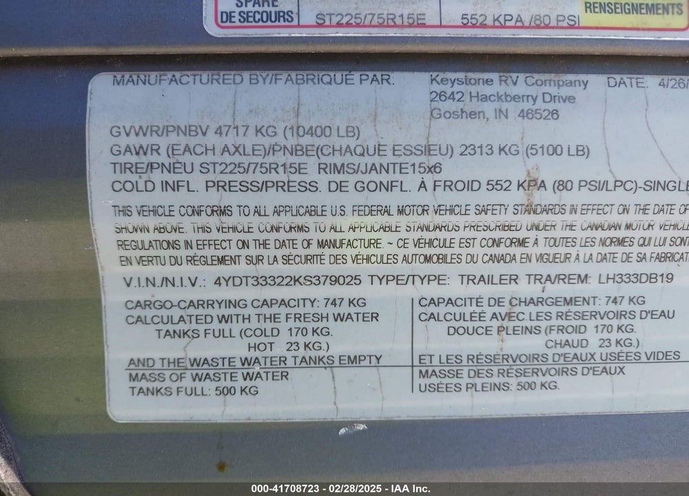 2019 UNKNOWN RV VIN: 4YDT33322KS379025