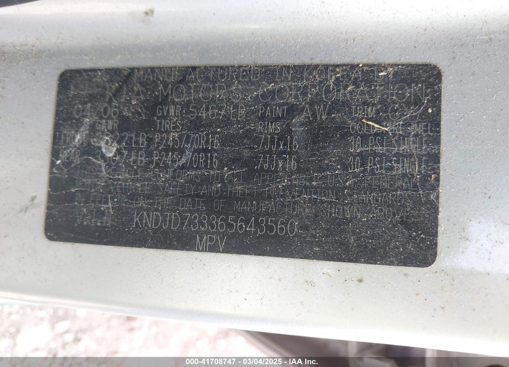 2006 KIA SORENTO VIN: KNDJD733365643560