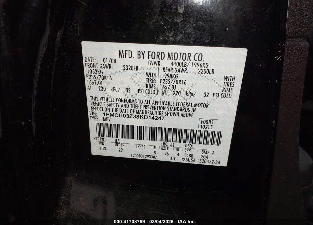 2008 FORD ESCAPE VIN: 1FMCU03Z38KD14247