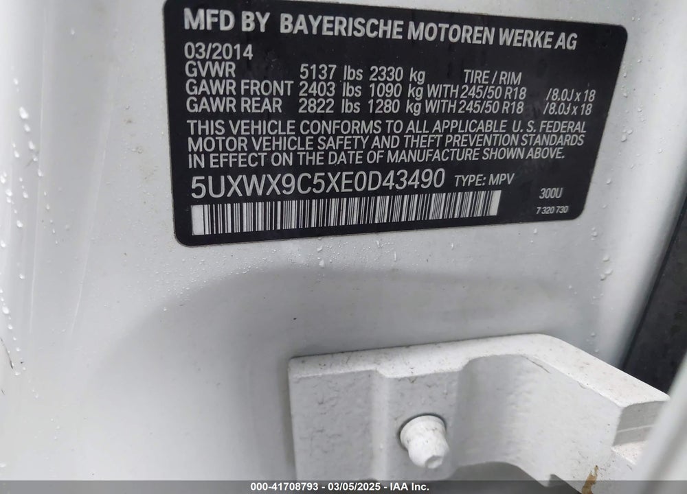 2014 BMW X3 XDRIVE28I VIN: 5UXWX9C5XE0D43490