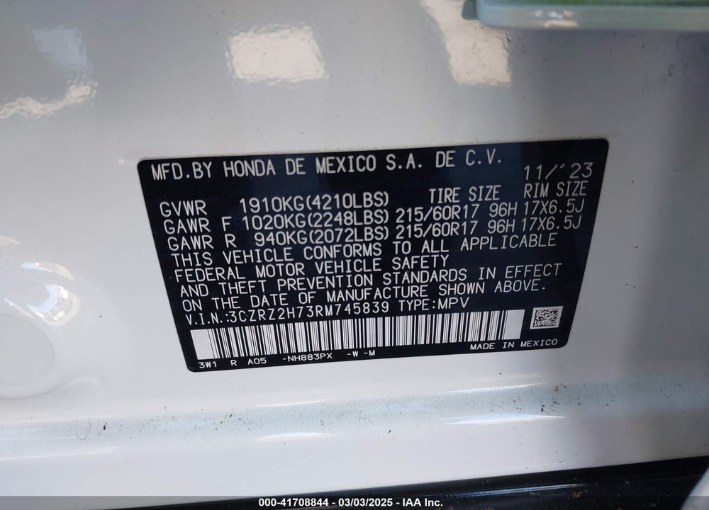 2024 HONDA HR-V AWD EX-L/AWD EX-L W/O BSI VIN: 3CZRZ2H73RM745839