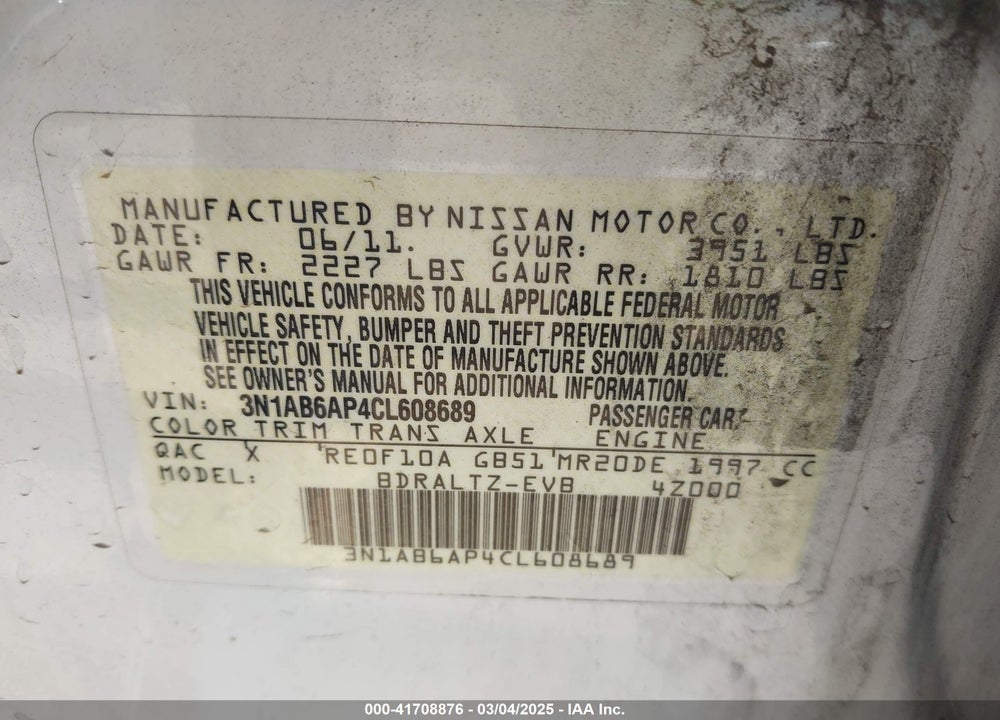 2012 NISSAN SENTRA VIN: 3N1AB6AP4CL608689