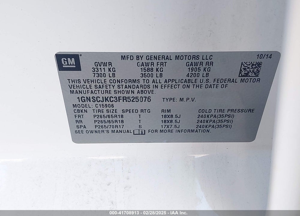 2015 CHEVROLET SUBURBAN 1500 LT VIN: 1GNSCJKC3FR525076