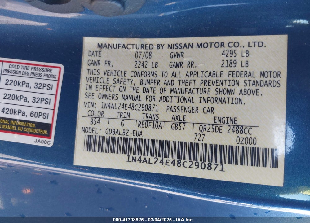 2008 NISSAN ALTIMA 2.5 S VIN: 1N4AL24E48C290871