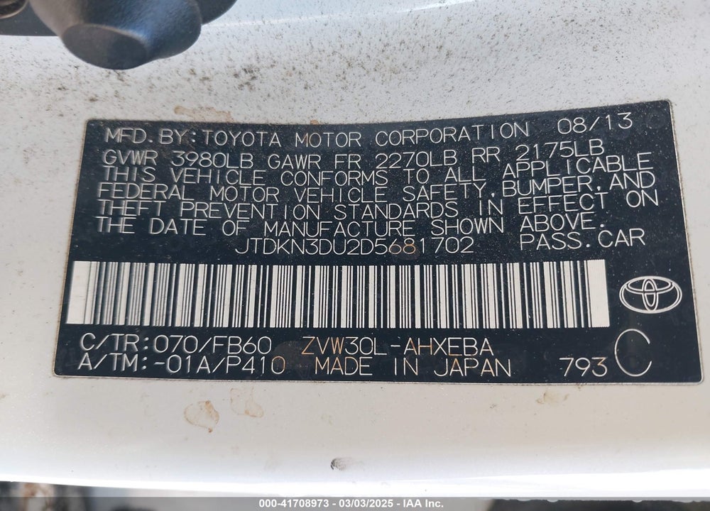 2013 TOYOTA PRIUS VIN: JTDKN3DU2D5681702