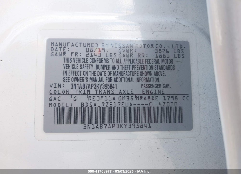 2019 NISSAN SENTRA VIN: 3N1AB7AP3KY395841