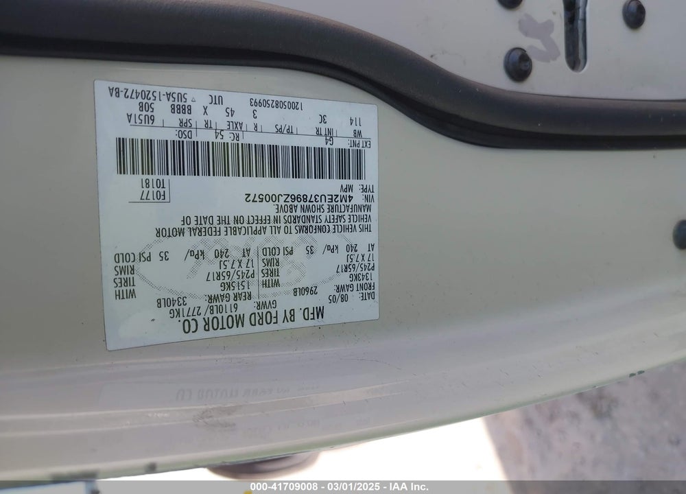 2006 MERCURY MOUNTAINEER VIN: 4M2EU37896ZJ00572