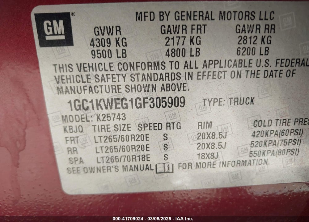 2016 CHEVROLET SILVERADO 2500HD VIN: 1GC1KWEG1GF305909
