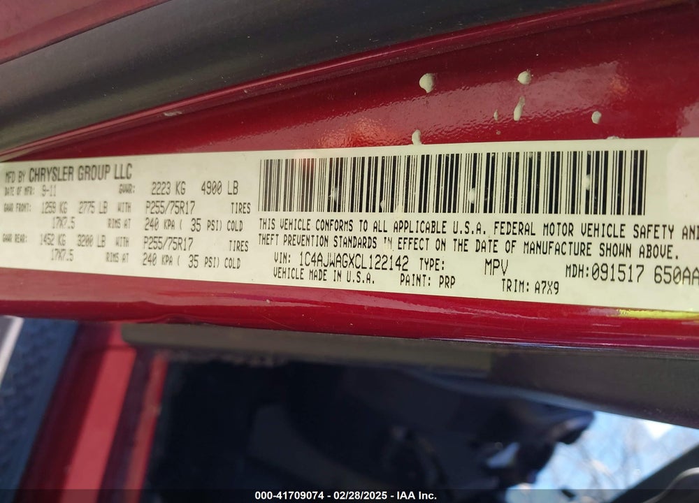 2012 JEEP WRANGLER SPORT VIN: 1C4AJWAGXCL122142