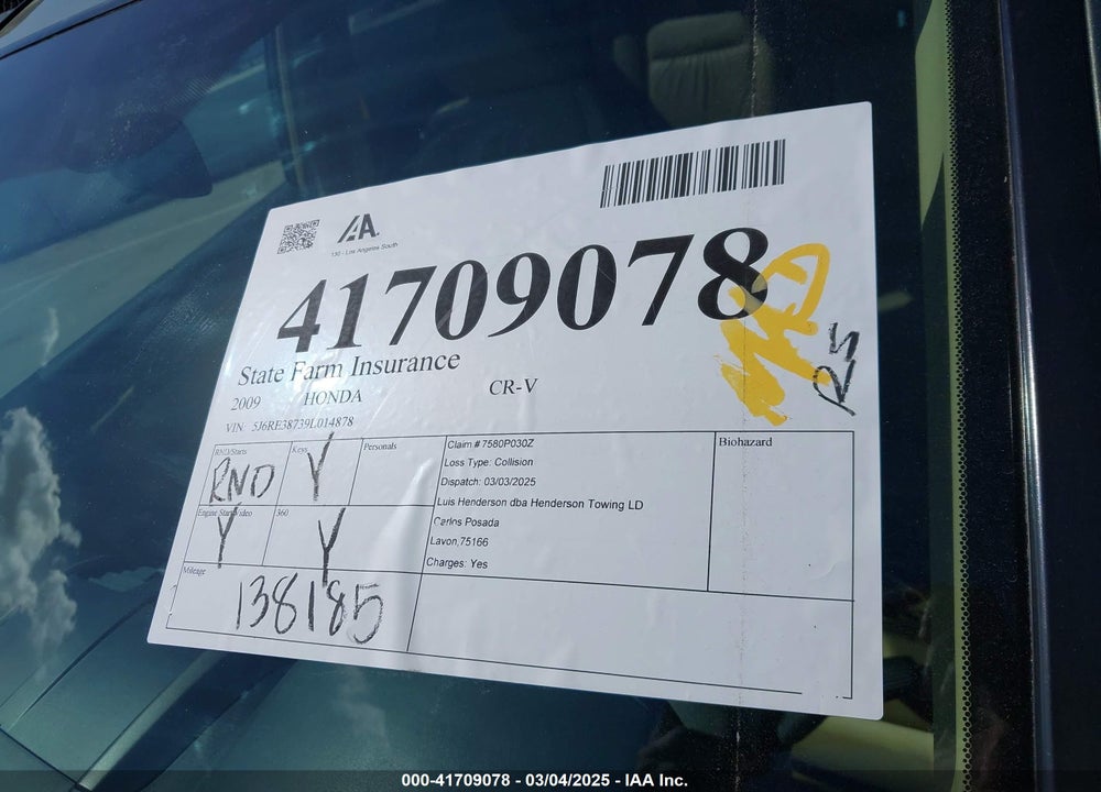 2009 HONDA CR-V EX-L VIN: 5J6RE38739L014878