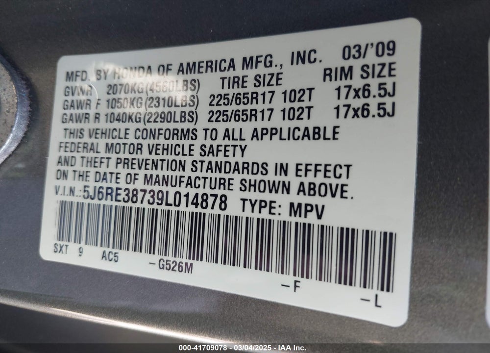 2009 HONDA CR-V EX-L VIN: 5J6RE38739L014878