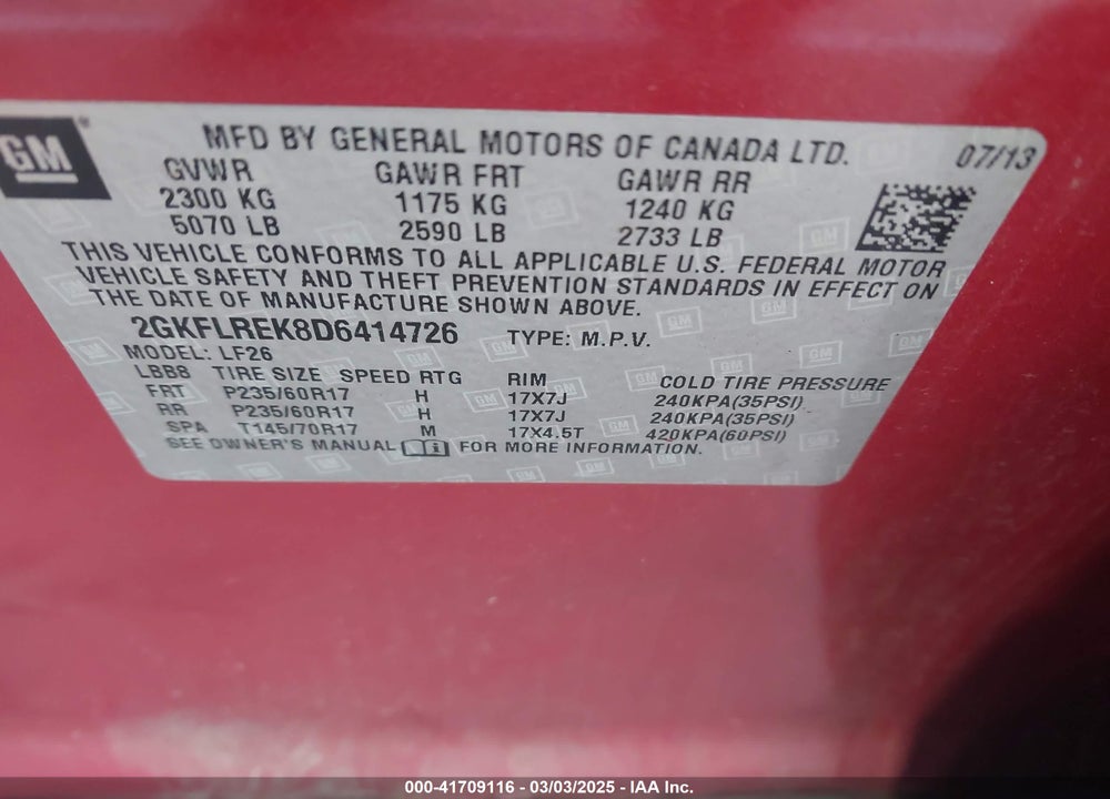 2013 GMC TERRAIN SLE-1 VIN: 2GKFLREK8D6414726
