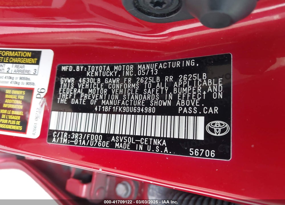 2013 TOYOTA CAMRY VIN: 4T1BF1FK9DU694980