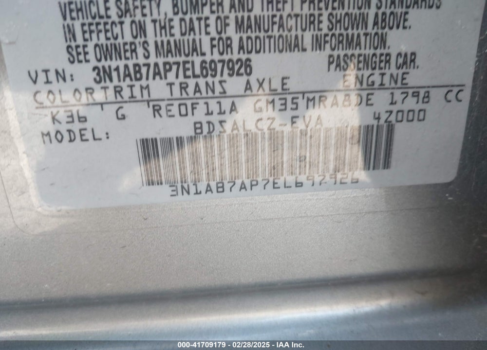 2014 NISSAN SENTRA S VIN: 3N1AB7AP7EL697926