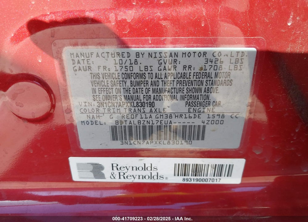 2019 NISSAN VERSA VIN: 3N1CN7APXKL830190