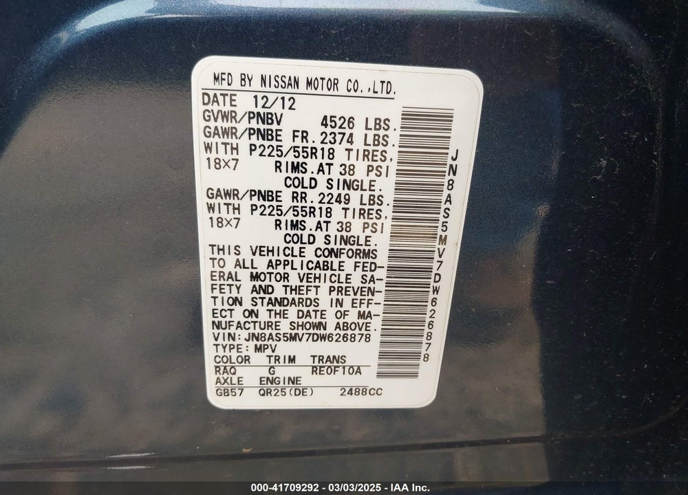 2013 NISSAN ROGUE VIN: JN8AS5MV7DW626878