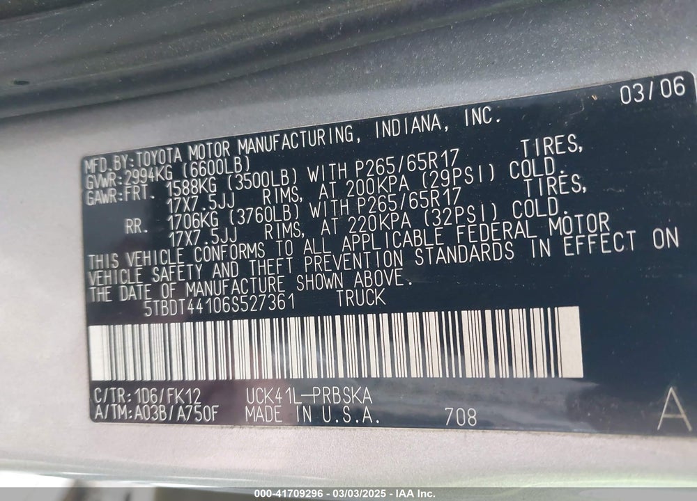 2006 TOYOTA TUNDRA VIN: 5TBDT44106S527361
