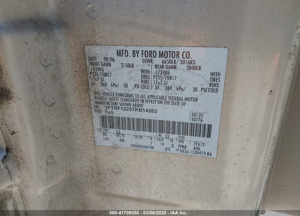 2007 FORD F-150 VIN: 1FTRF12257KB14262
