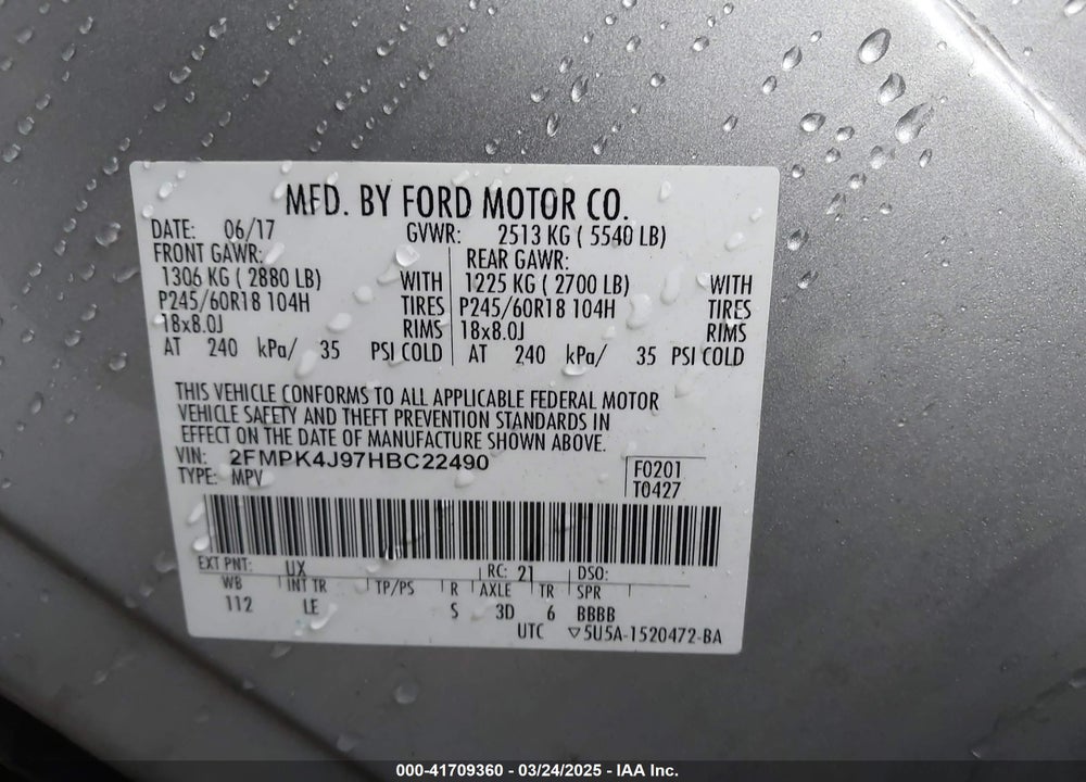 2017 FORD EDGE VIN: 2FMPK4J97HBC22490