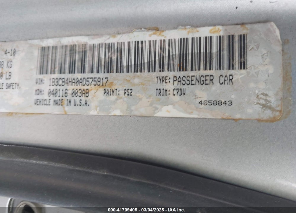 2010 DODGE CALIBER VIN: 1B3CB4HA0AD575917