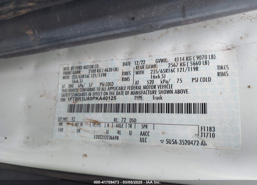 2023 FORD TRANSIT-250 CARGO VAN VIN: 1FTBR3U80PKA40125