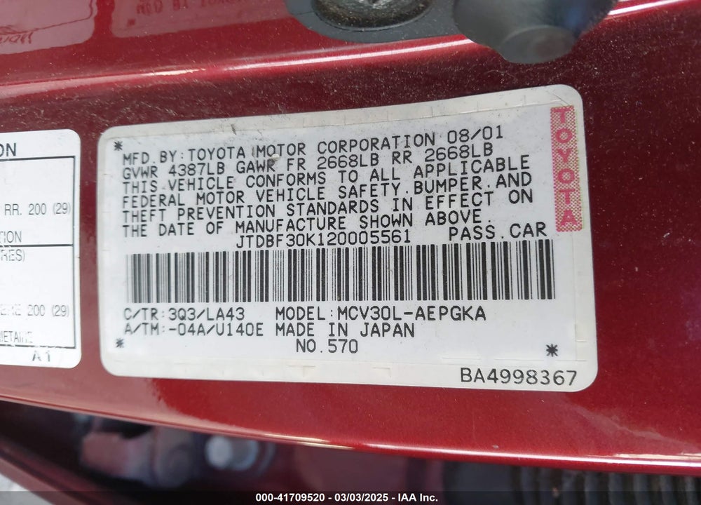 2002 TOYOTA CAMRY XLE V6 VIN: JTDBF30K120005561
