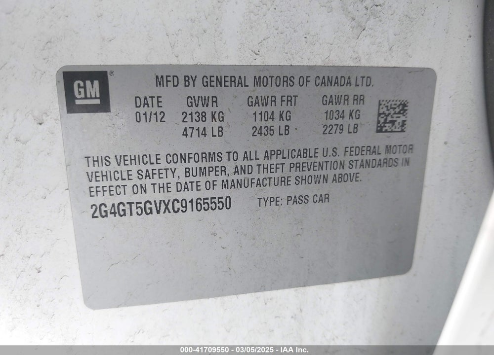 2012 BUICK REGAL VIN: 2G4GT5GVXC9165550