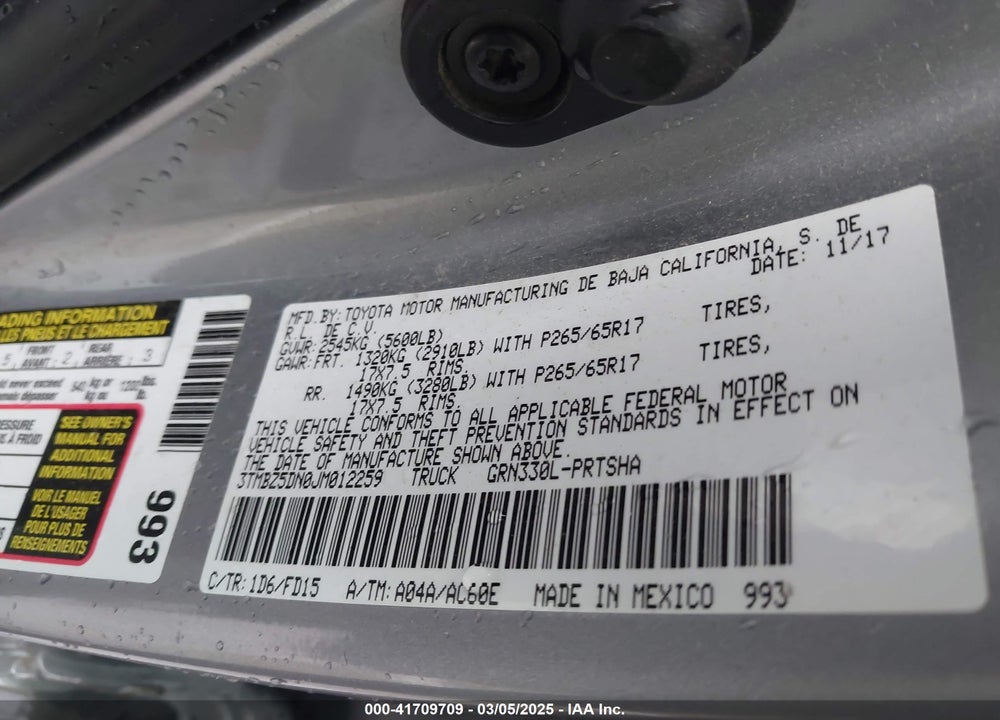 2018 TOYOTA TACOMA VIN: 3TMBZ5DN0JM012259