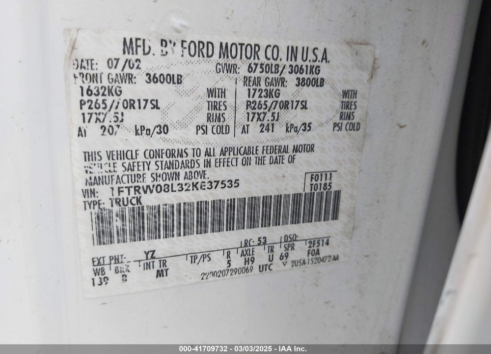 2002 FORD F-150 LARIAT/XLT VIN: 1FTRW08L32KE37535