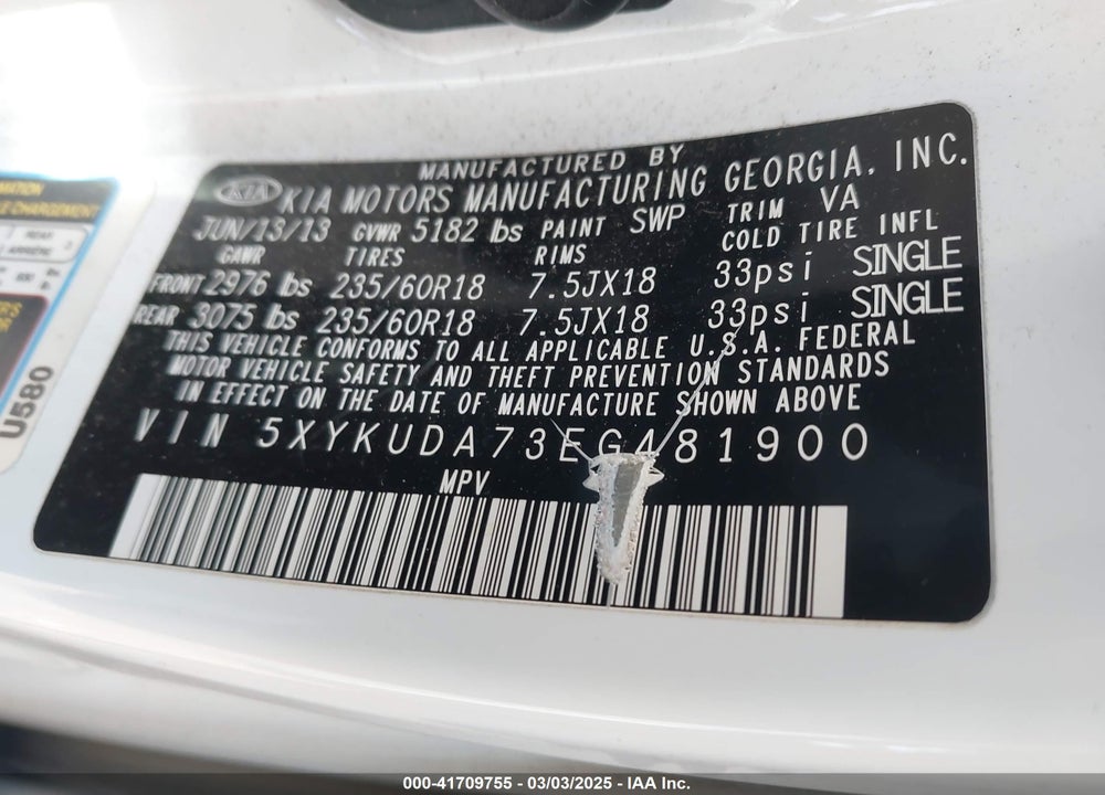 2014 KIA SORENTO VIN: 5XYKUDA73EG481900