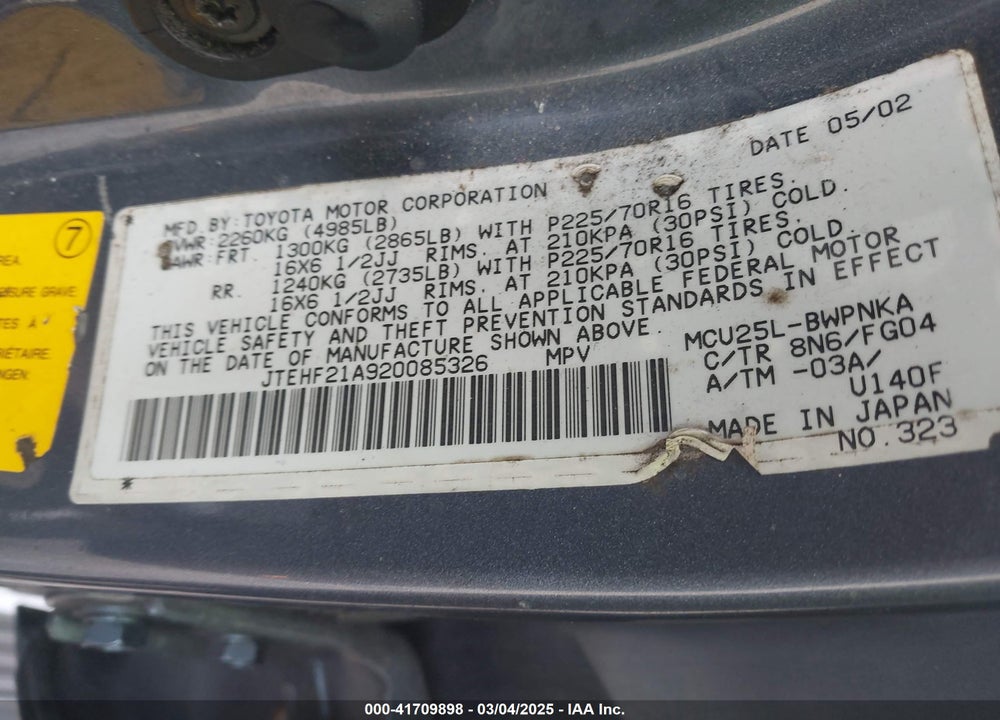 2002 TOYOTA HIGHLANDER VIN: JTEHF21A920085326
