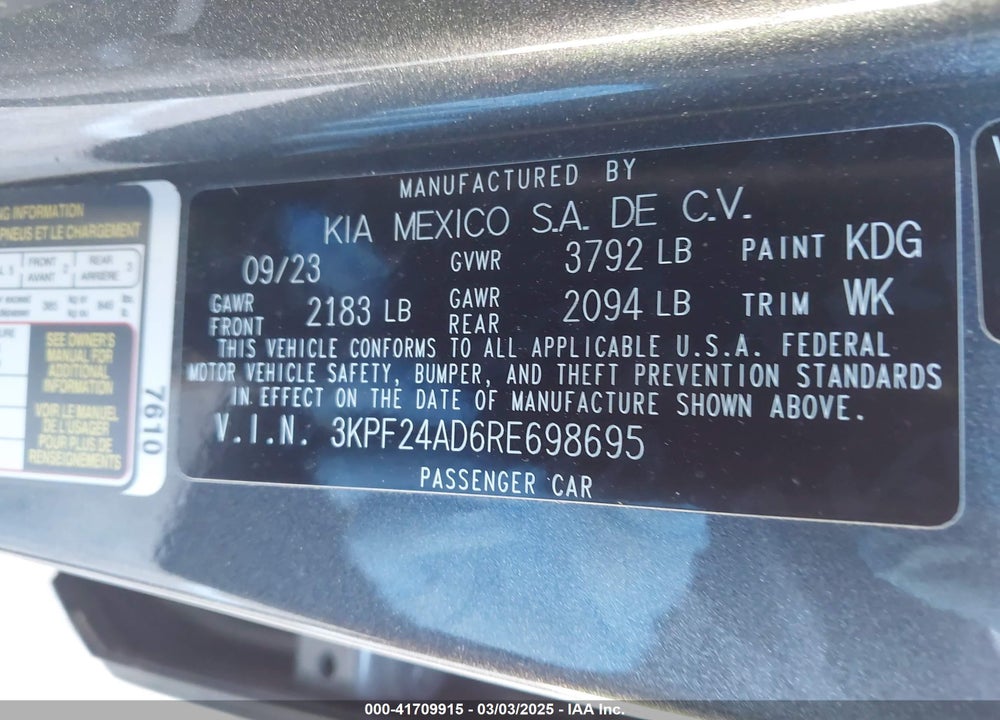 2024 KIA FORTE VIN: 3KPF24AD6RE698695