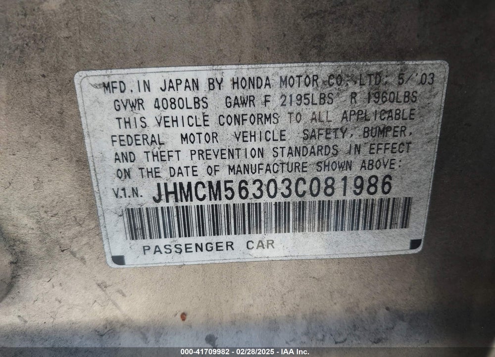 2003 HONDA ACCORD VIN: JHMCM56303C081986