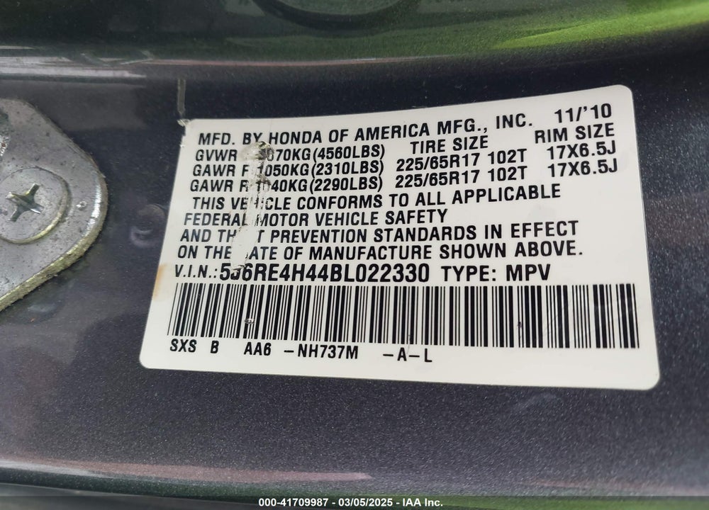 2011 HONDA CR-V VIN: 5J6RE4H44BL022330