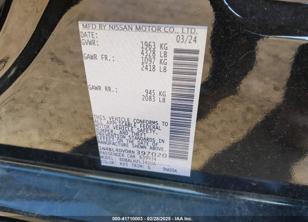 2024 NISSAN ALTIMA VIN: 1N4BL4DV0RN397020