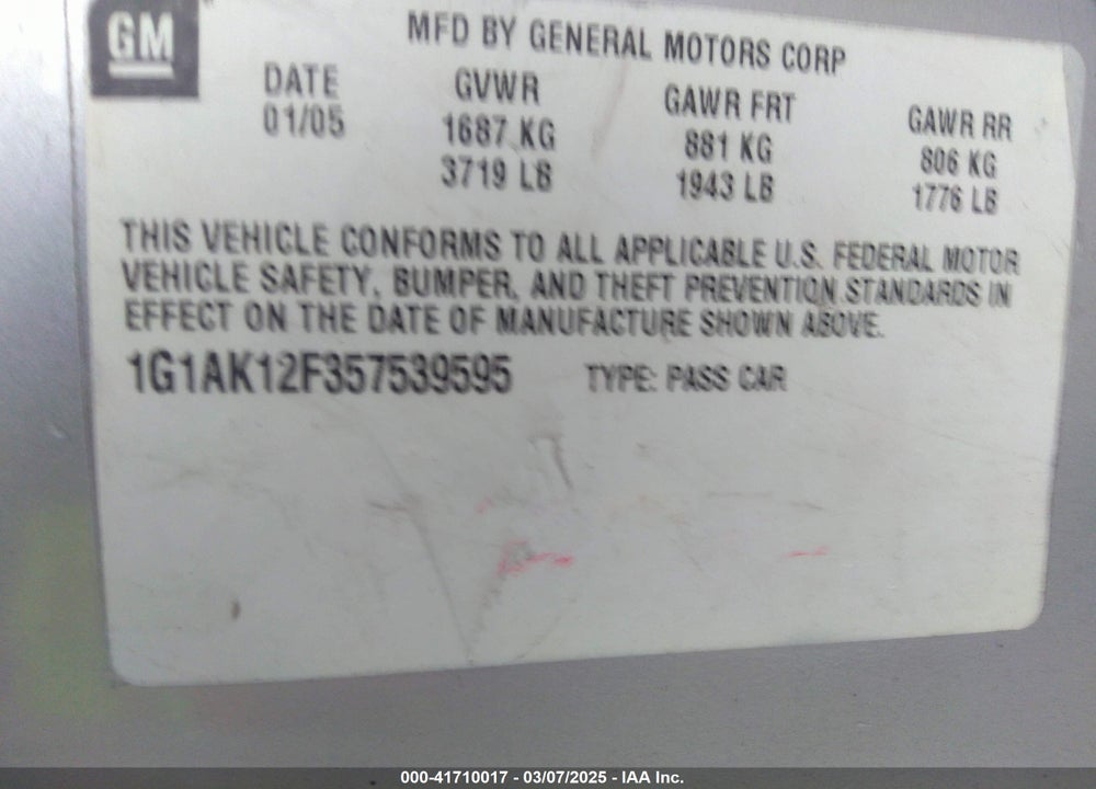 2005 CHEVROLET COBALT VIN: 1G1AK12F357539595