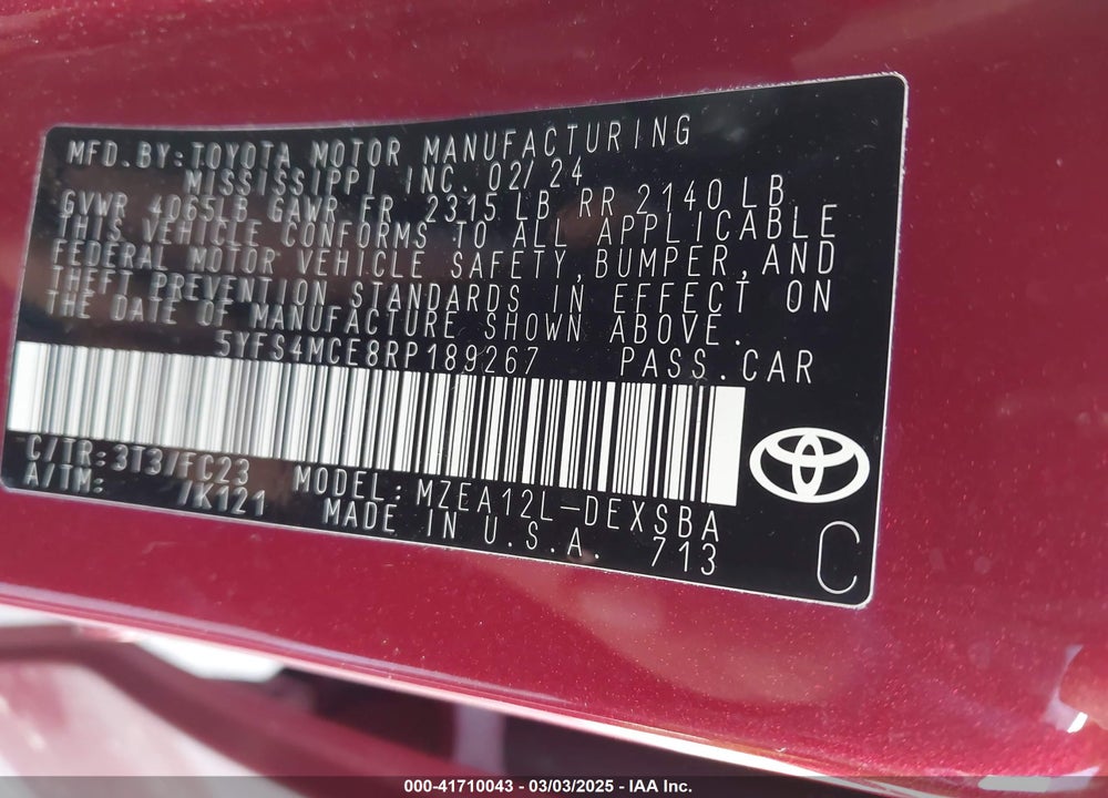 2024 TOYOTA COROLLA SE VIN: 5YFS4MCE8RP189267