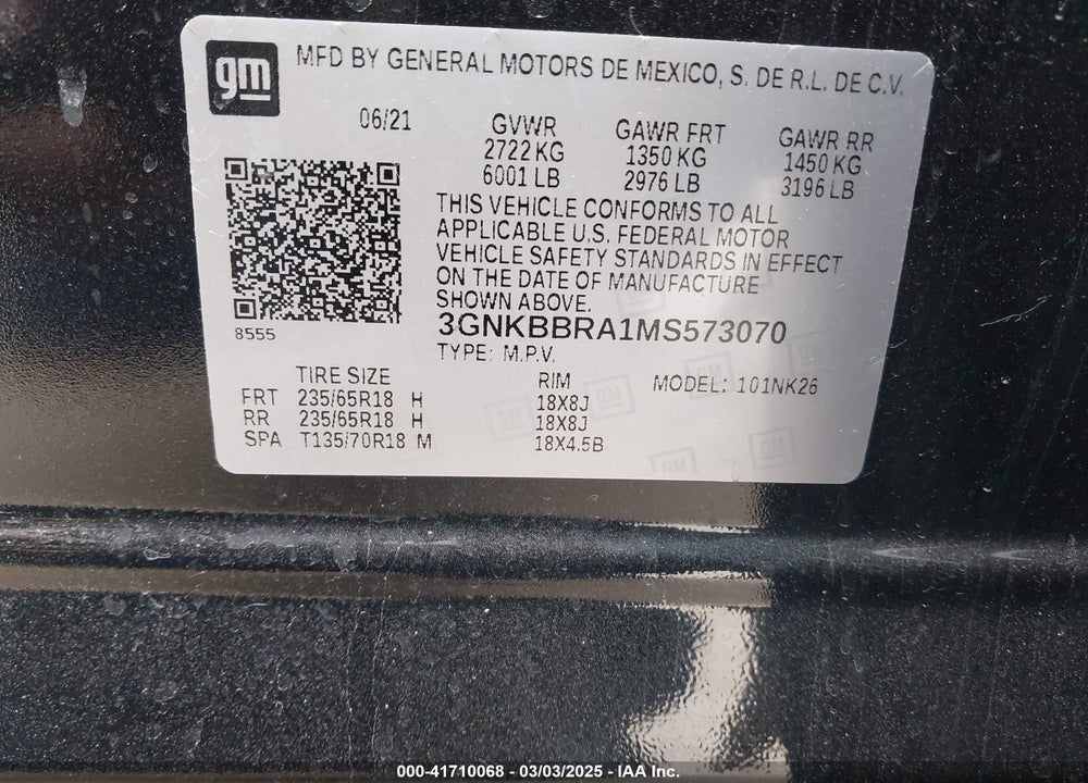 2021 CHEVROLET BLAZER VIN: 3GNKBBRA1MS573070