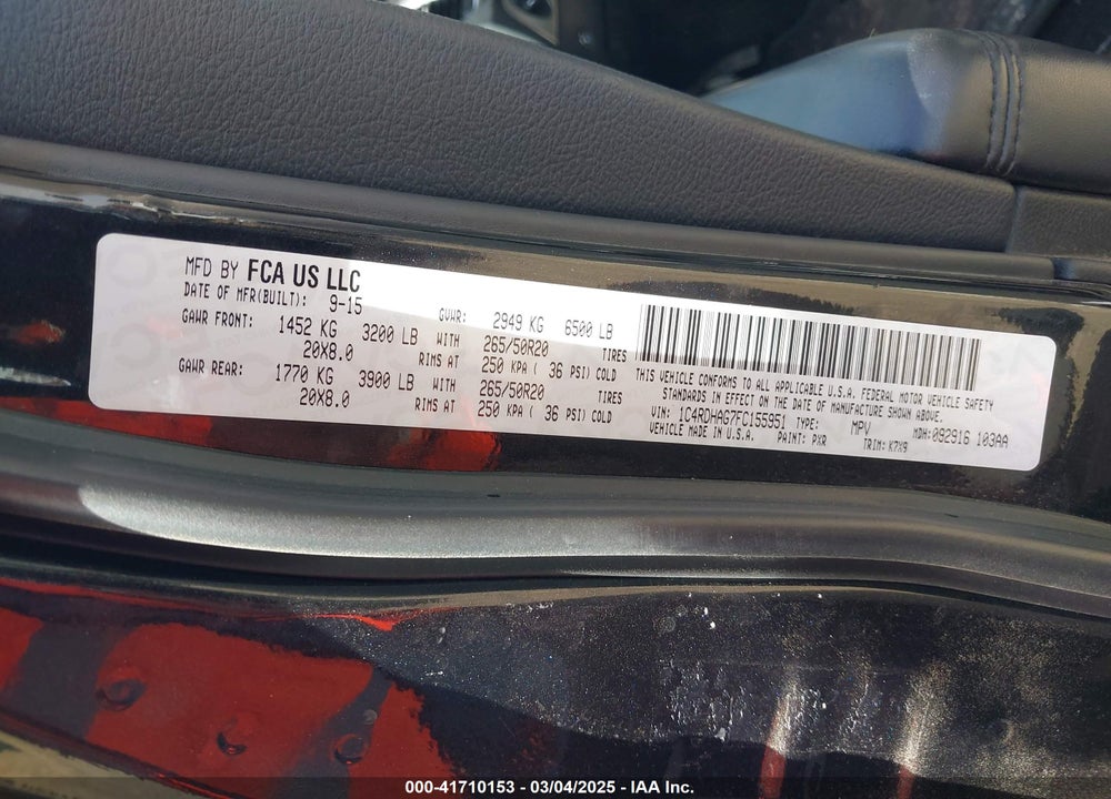 2015 DODGE DURANGO VIN: 1C4RDHAG7FC155951
