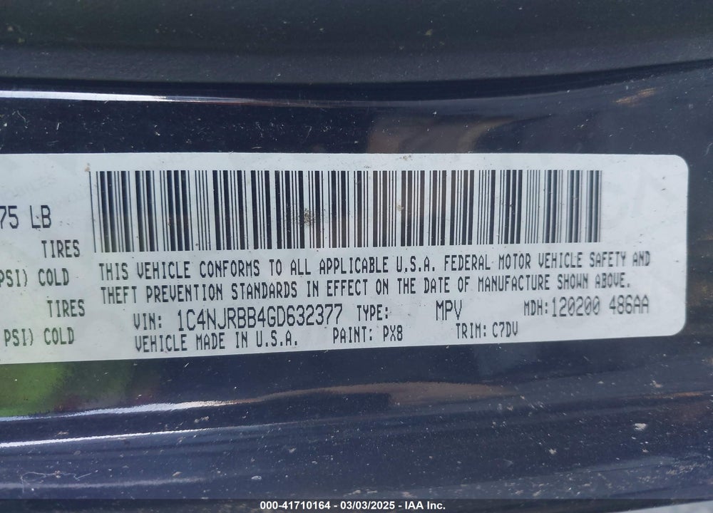2016 JEEP PATRIOT VIN: 1C4NJRBB4GD632377