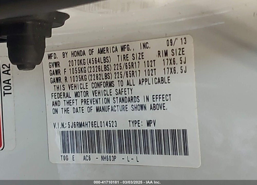 2014 HONDA CR-V VIN: 5J6RM4H76EL014523