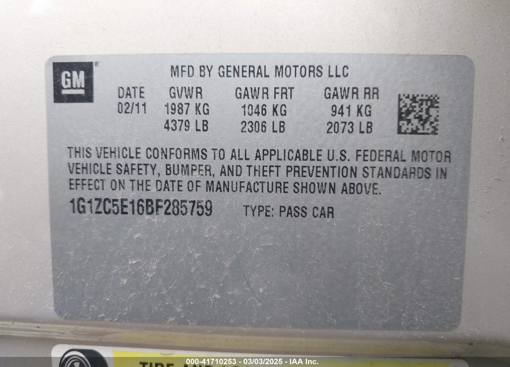 2011 CHEVROLET MALIBU VIN: 1G1ZC5E16BF285759