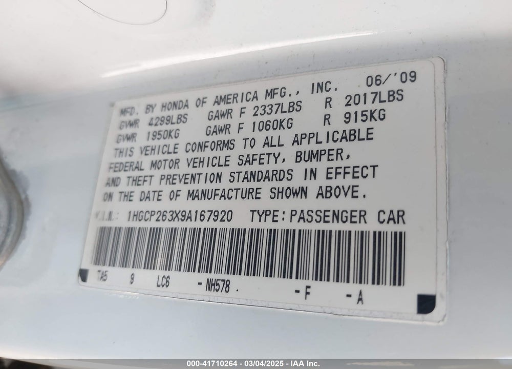 2009 HONDA ACCORD VIN: 1HGCP263X9A167920