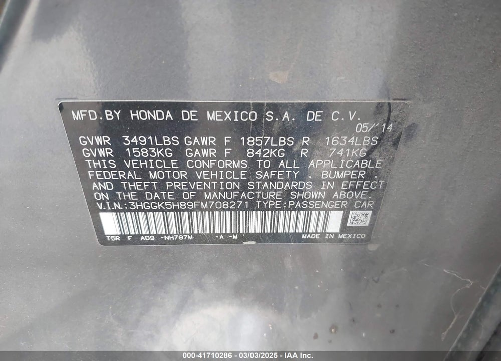 2015 HONDA FIT VIN: 3HGGK5H89FM708271