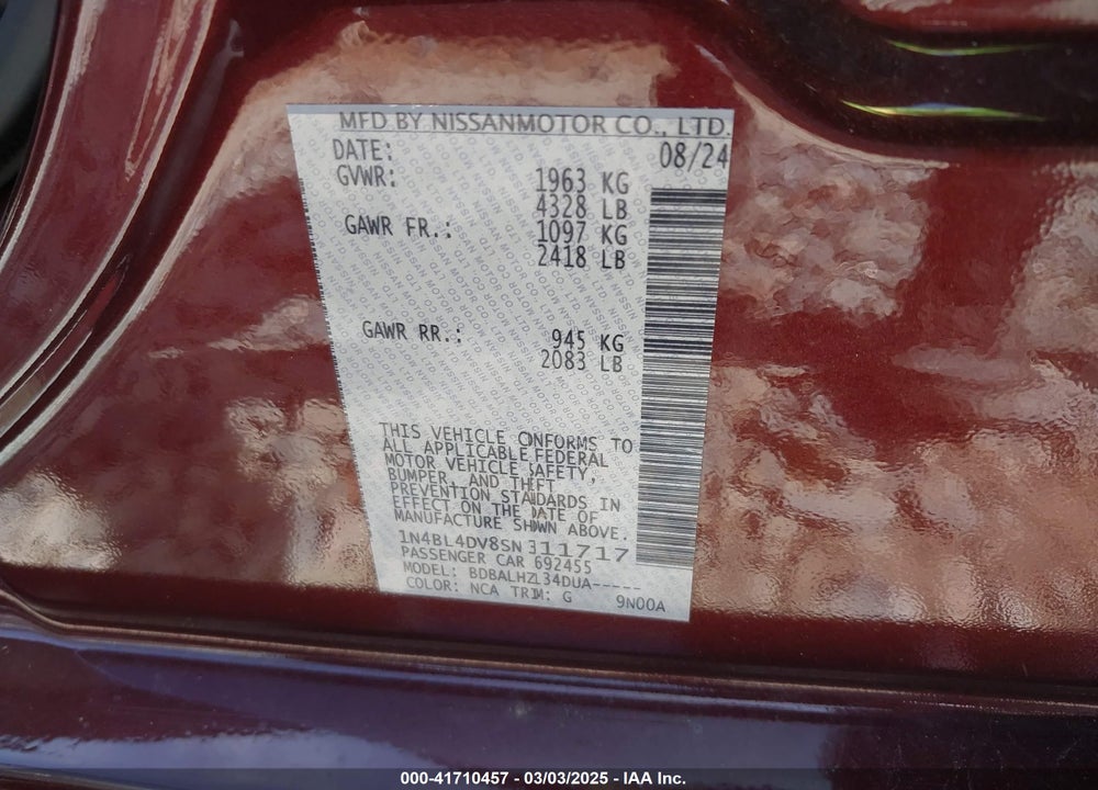 2025 NISSAN ALTIMA VIN: 1N4BL4DV8SN311717