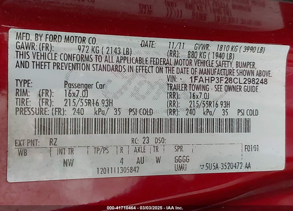 2012 FORD FOCUS VIN: 1FAHP3F28CL298248