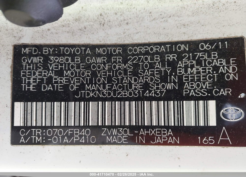 2011 TOYOTA PRIUS VIN: JTDKN3DU2B0314437